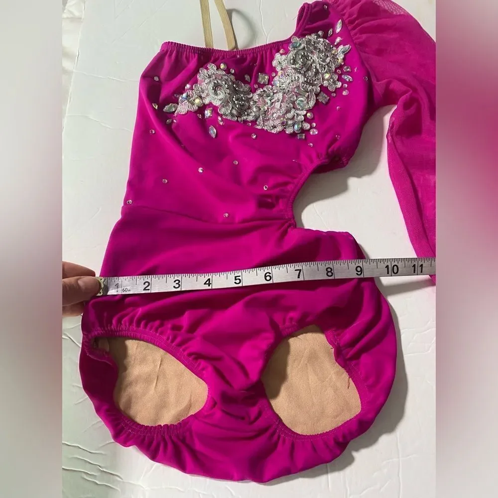Custom made solo dance costume hot pink rhinestone illusion skirt LC child